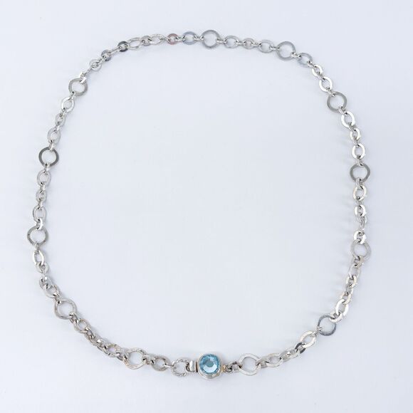 Vintage Silver-Tone 6.7mm Open Link Chain Necklace with Blue Crystal 21” - Picture 1 of 3